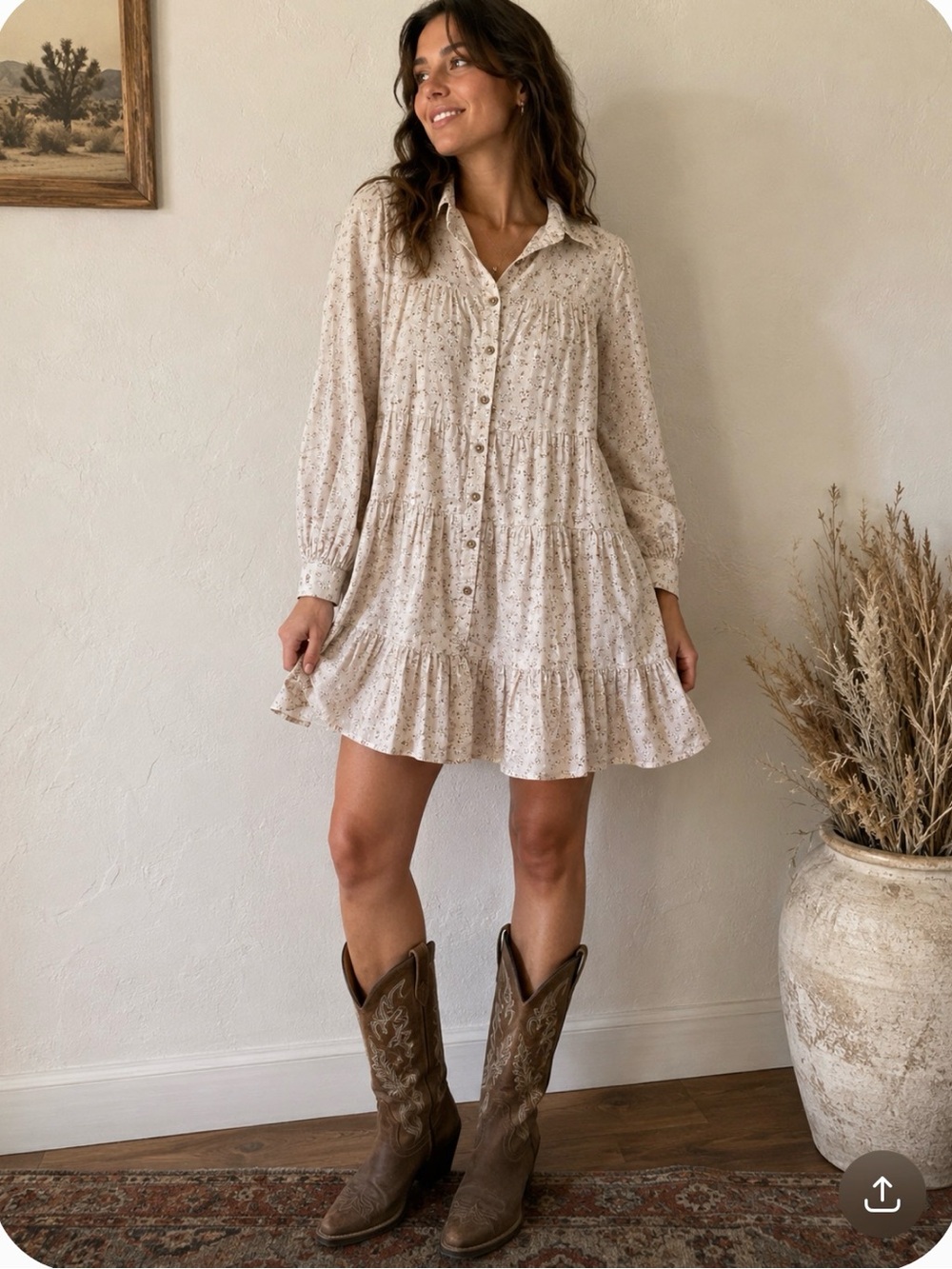 NWT Dress Forum Tiered Button-Front Floral Mini Dress in beige color